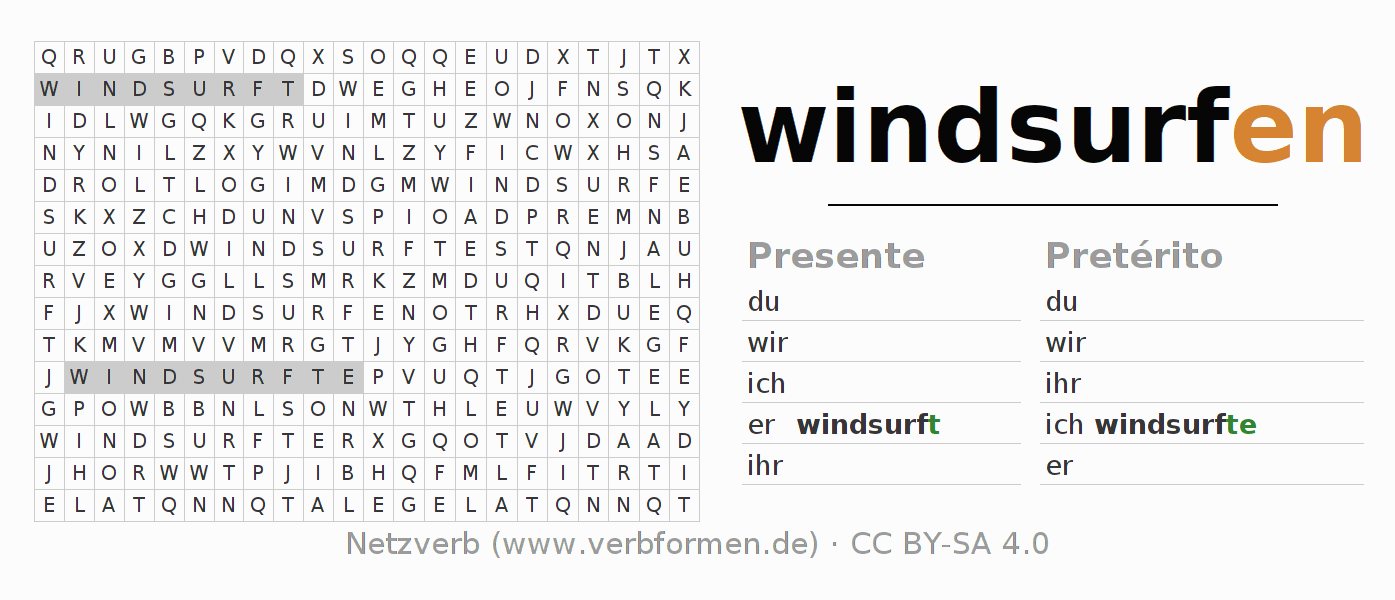 Caça-palavras com a conjugação do verbo windsurfen (hat)