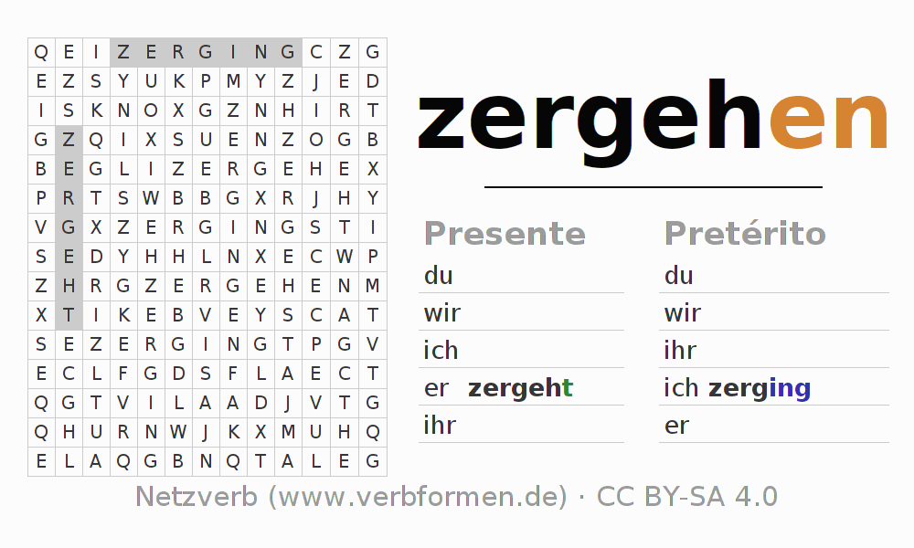 Caça-palavras com a conjugação do verbo zergehen