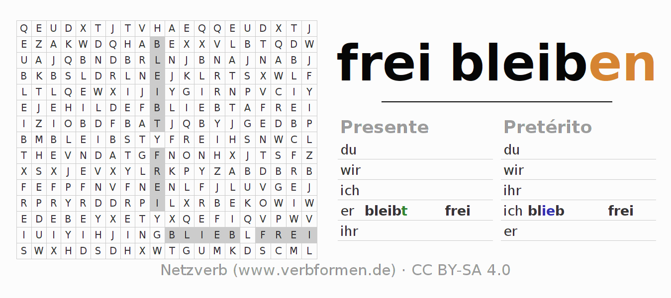 Caça-palavras com a conjugação do verbo freibleiben