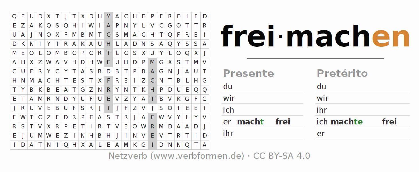 Caça-palavras com a conjugação do verbo freimachen
