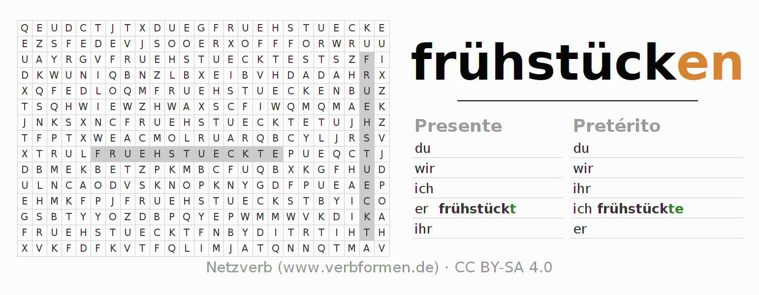 Caça-palavras com a conjugação do verbo frühstücken
