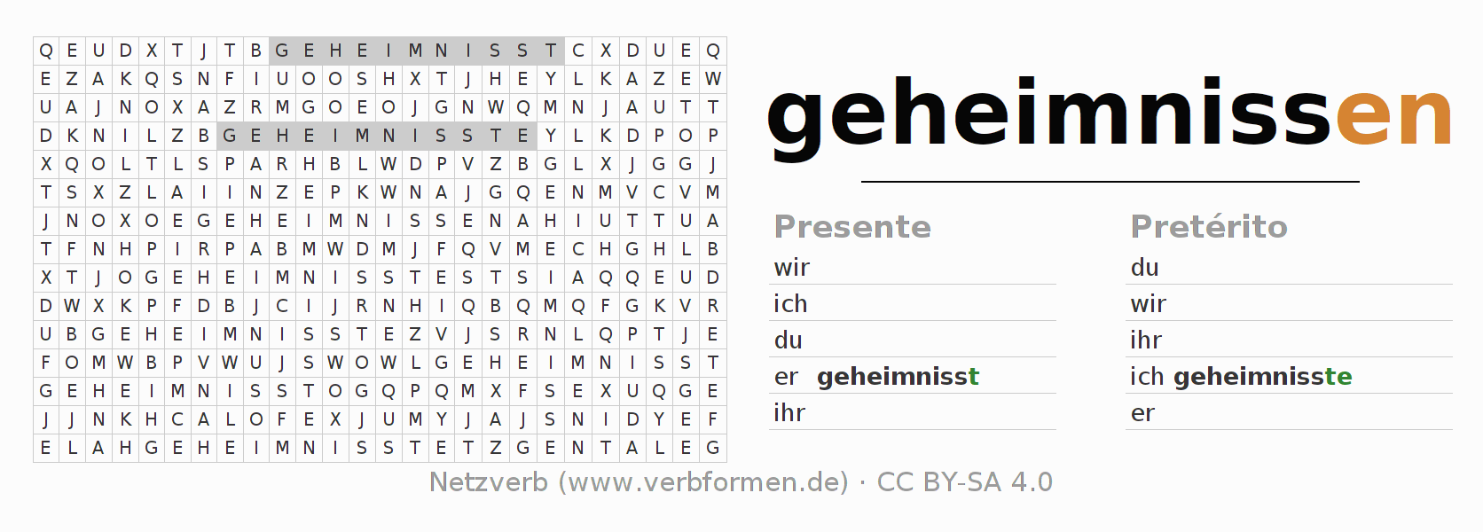 Caça-palavras com a conjugação do verbo geheimnissen