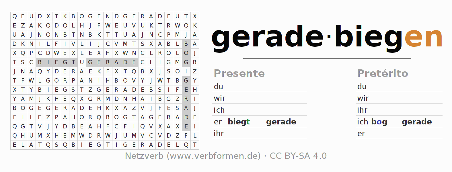 Caça-palavras com a conjugação do verbo geradebiegen