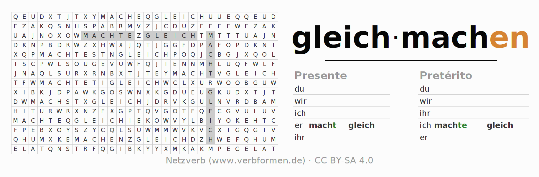 Caça-palavras com a conjugação do verbo gleichmachen