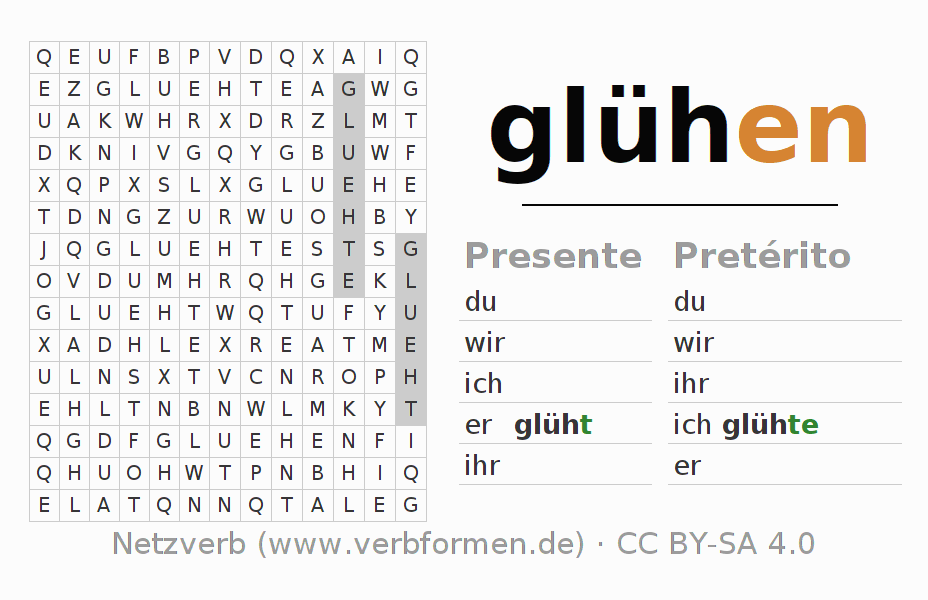 Caça-palavras com a conjugação do verbo glühen