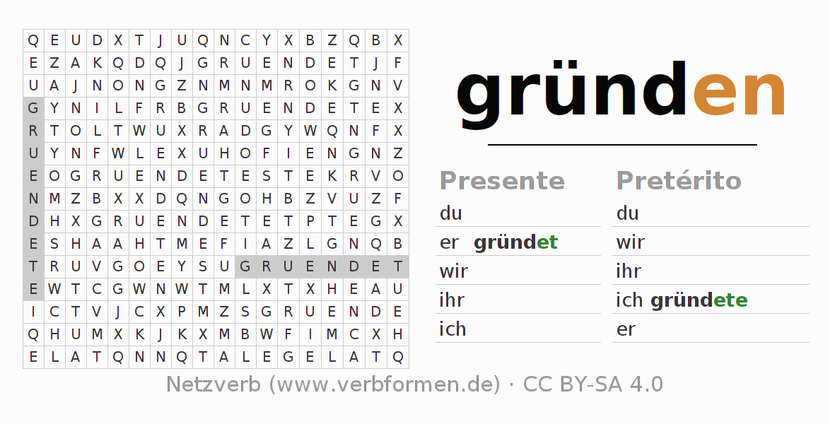 Caça-palavras com a conjugação do verbo gründen