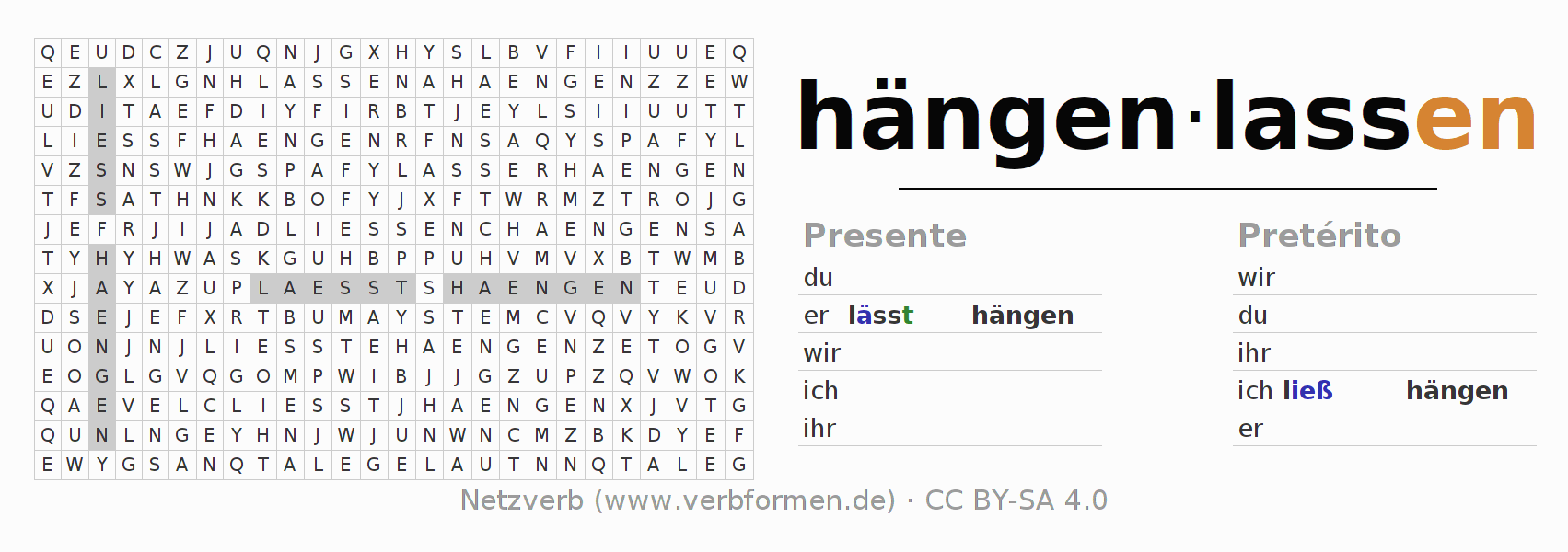 Caça-palavras com a conjugação do verbo hängenlassen