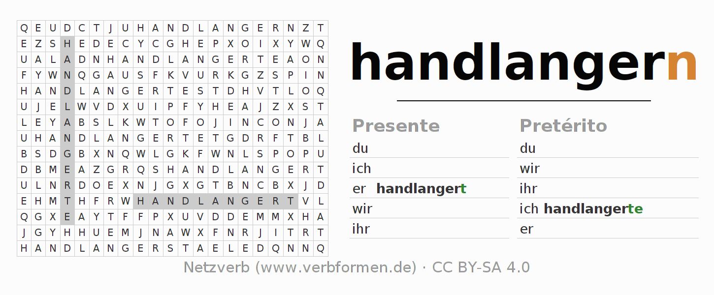 Caça-palavras com a conjugação do verbo handlangern