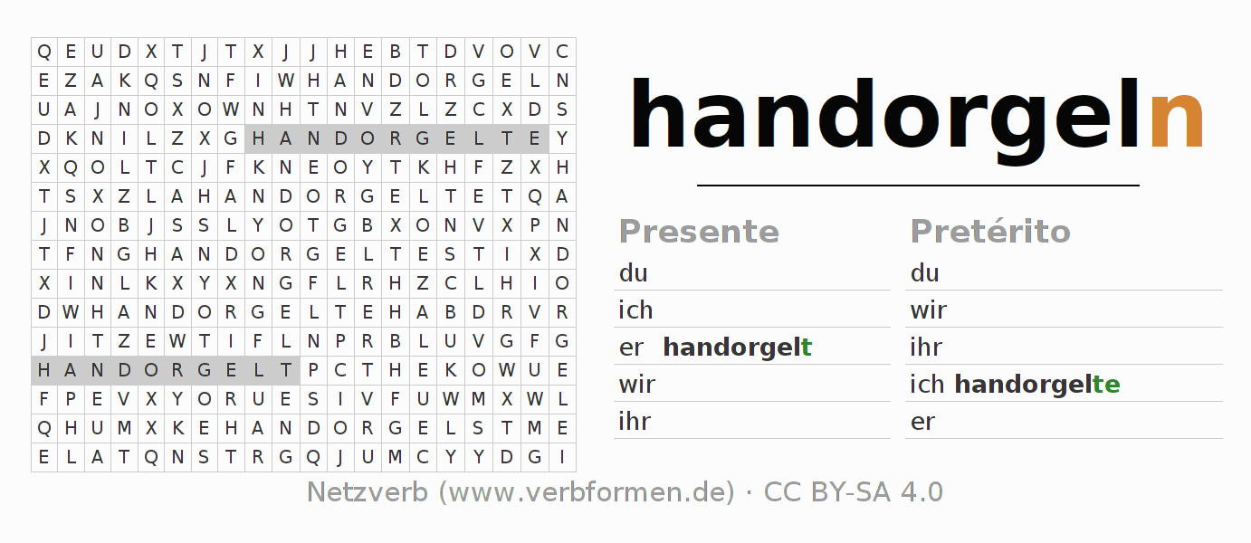 Caça-palavras com a conjugação do verbo handorgeln
