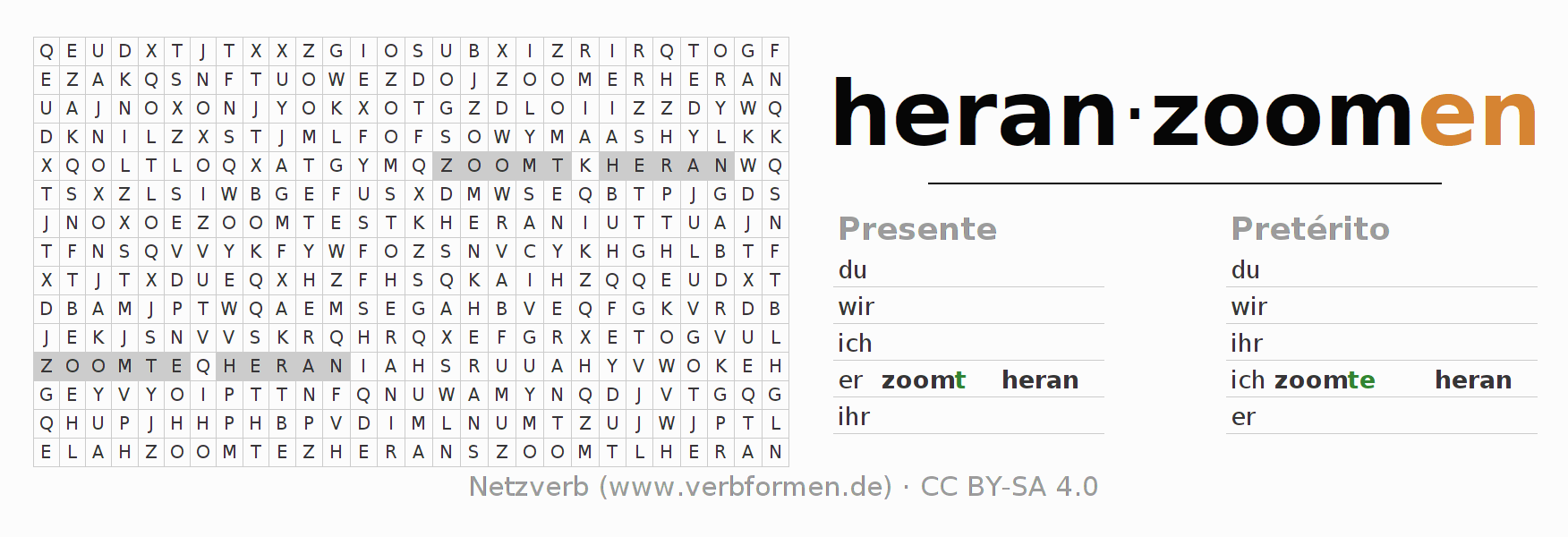 Caça-palavras com a conjugação do verbo heranzoomen