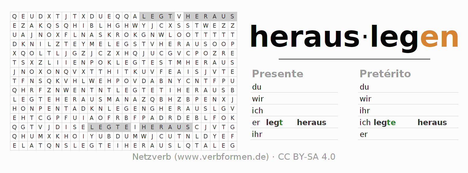 Caça-palavras com a conjugação do verbo herauslegen