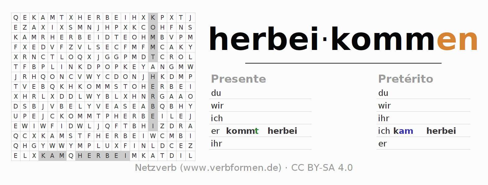 Caça-palavras com a conjugação do verbo herbeikommen