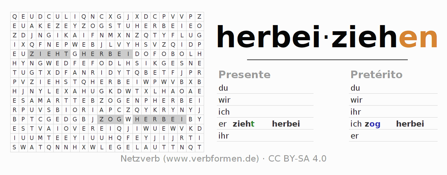 Caça-palavras com a conjugação do verbo herbeiziehen