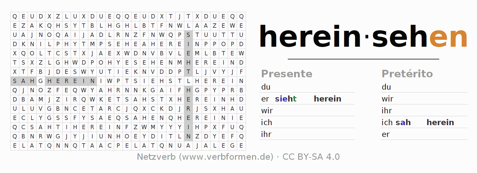 Caça-palavras com a conjugação do verbo hereinsehen