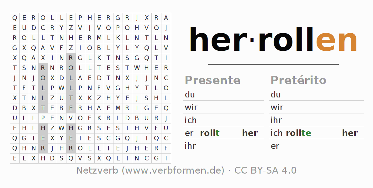 Caça-palavras com a conjugação do verbo herrollen (ist)