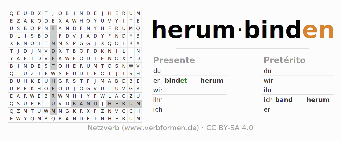 Caça-palavras com a conjugação do verbo herumbinden