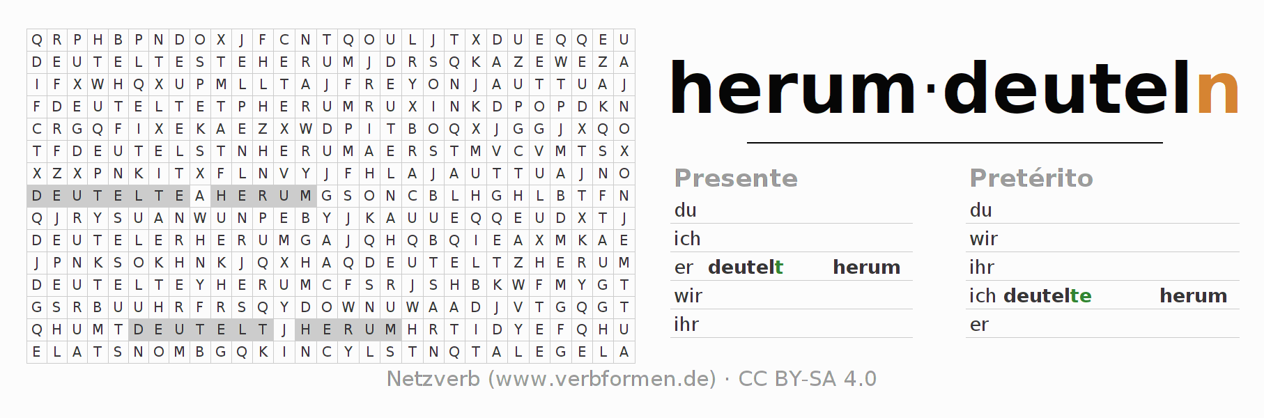 Caça-palavras com a conjugação do verbo herumdeuteln