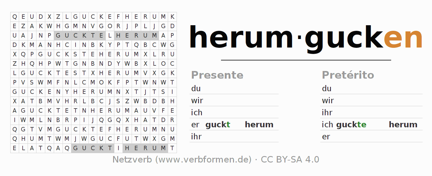 Caça-palavras com a conjugação do verbo herumgucken