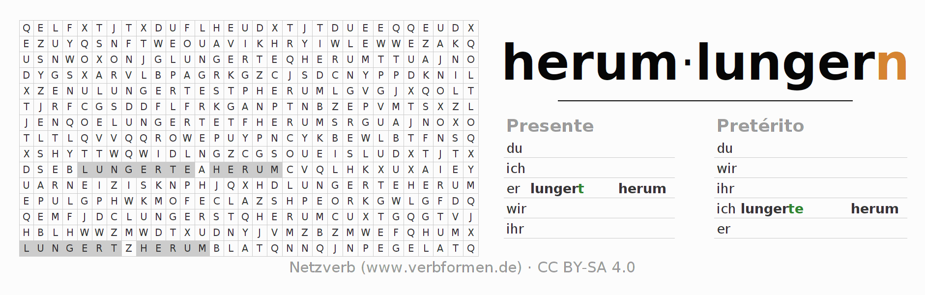 Caça-palavras com a conjugação do verbo herumlungern (hat)
