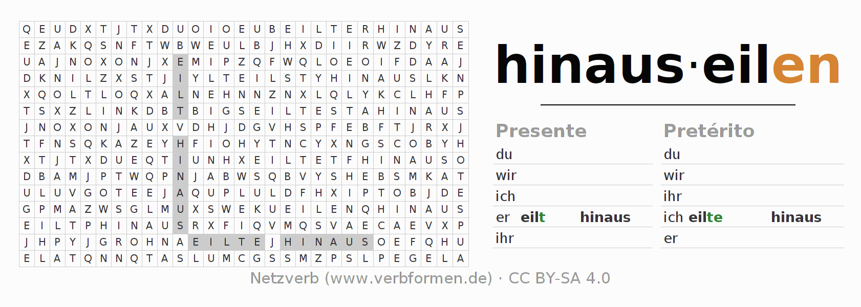 Caça-palavras com a conjugação do verbo hinauseilen