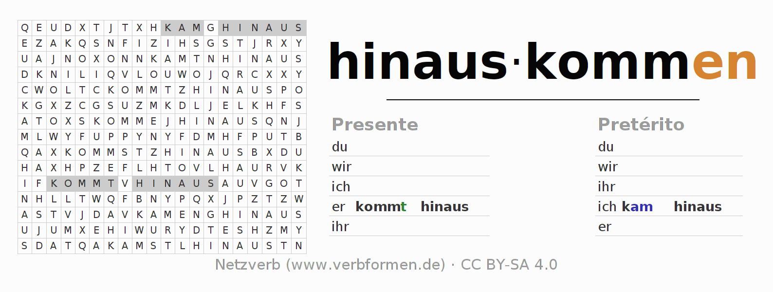 Caça-palavras com a conjugação do verbo hinauskommen