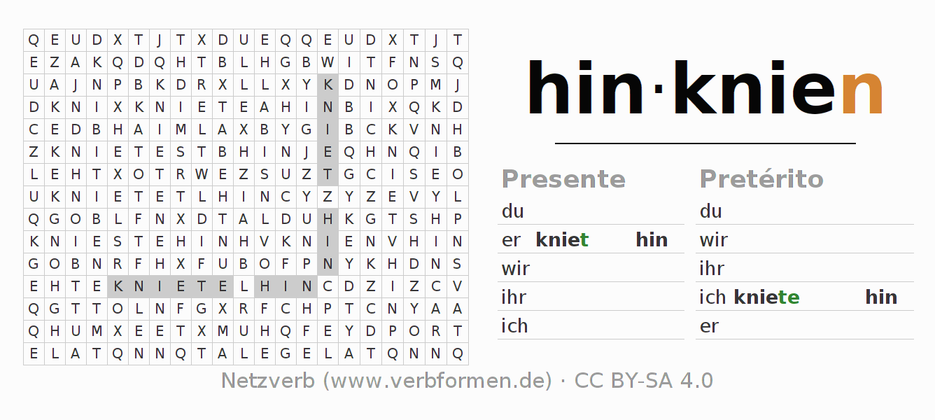 Caça-palavras com a conjugação do verbo hinknien (hat)