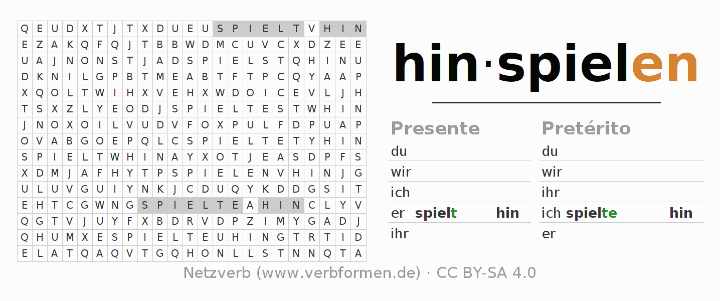 Caça-palavras com a conjugação do verbo hinspielen