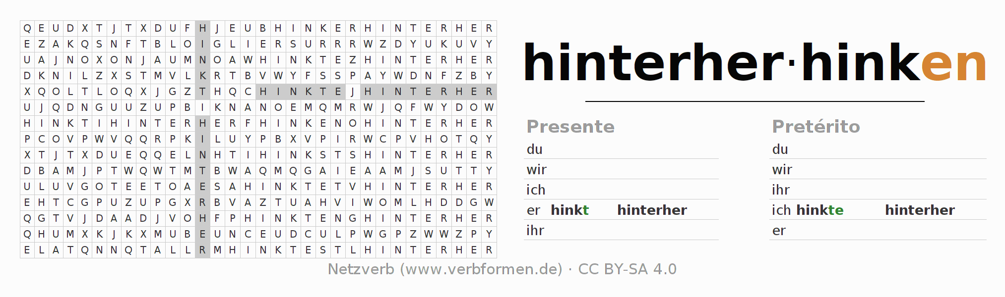 Caça-palavras com a conjugação do verbo hinterherhinken