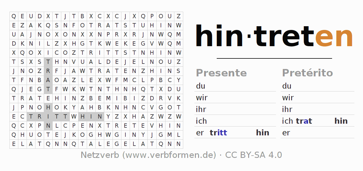 Caça-palavras com a conjugação do verbo hintreten (ist)