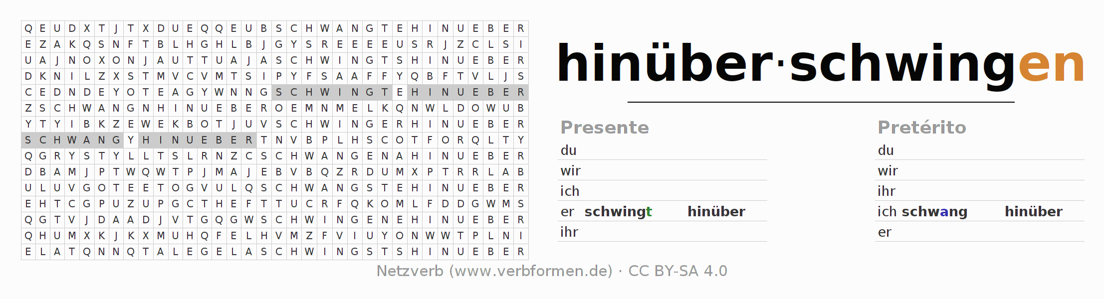 Caça-palavras com a conjugação do verbo hinüberschwingen (hat)