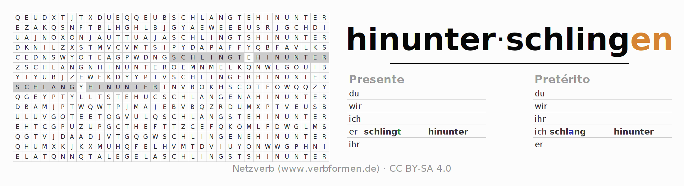 Caça-palavras com a conjugação do verbo hinunterschlingen