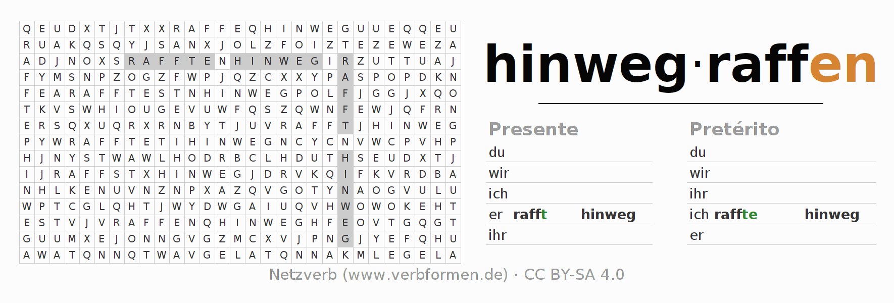 Caça-palavras com a conjugação do verbo hinwegraffen
