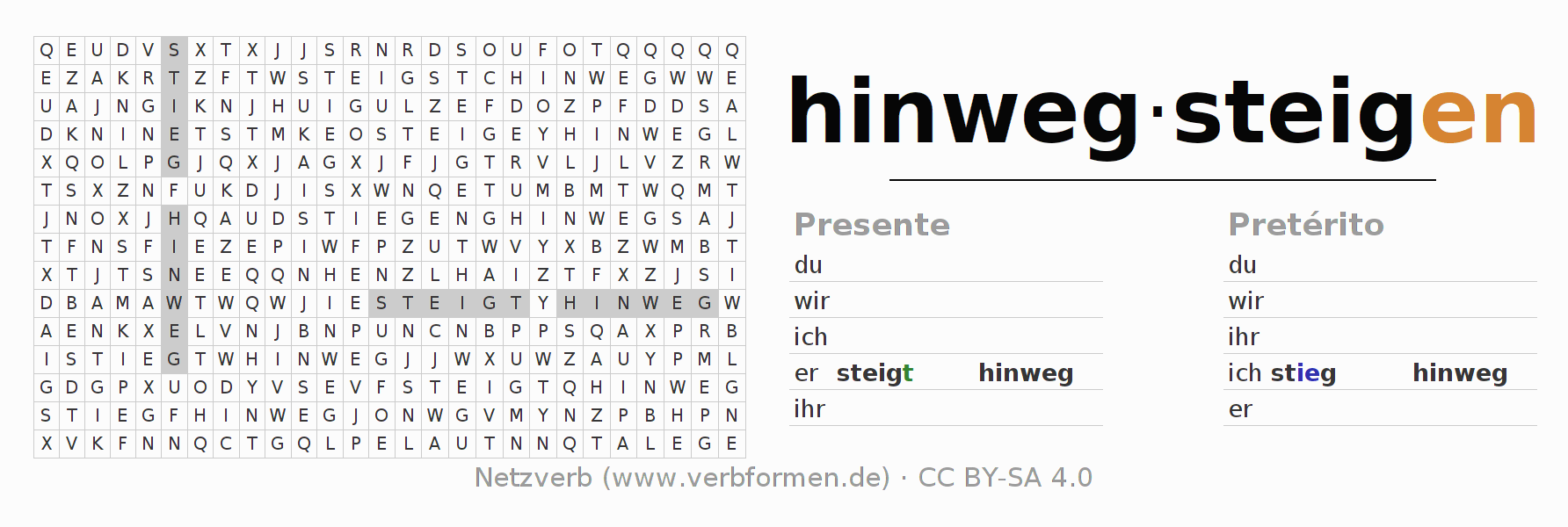 Caça-palavras com a conjugação do verbo hinwegsteigen