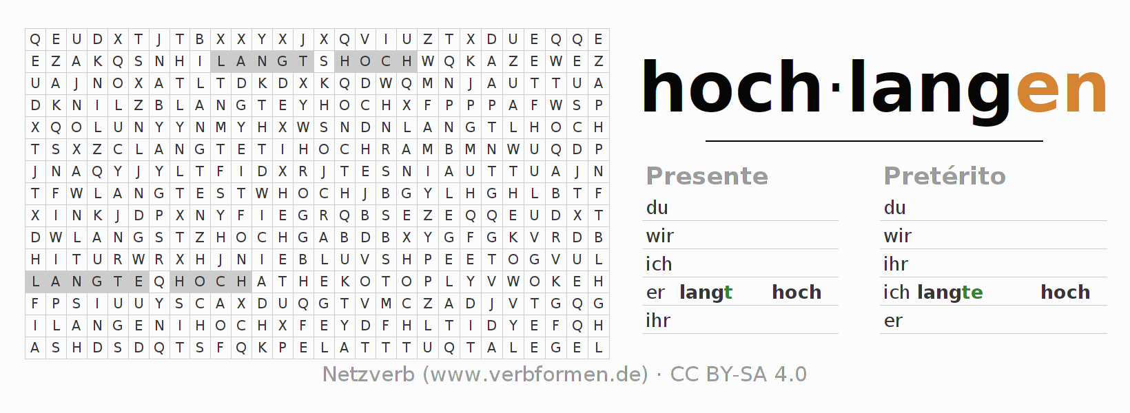 Caça-palavras com a conjugação do verbo hochlangen