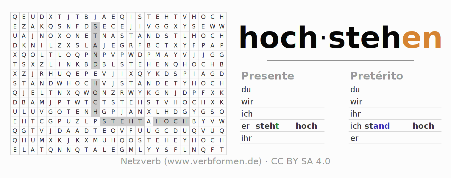 Caça-palavras com a conjugação do verbo hochstehen (hat)