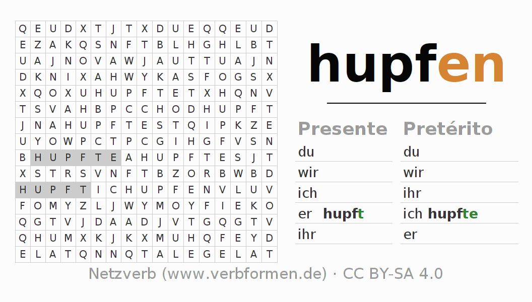 Caça-palavras com a conjugação do verbo hupfen