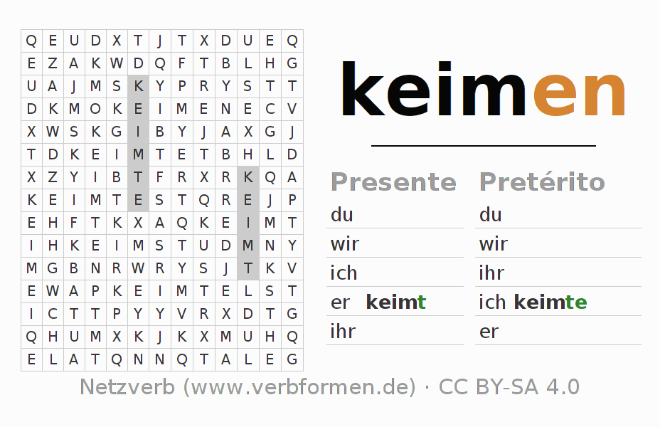 Caça-palavras com a conjugação do verbo keimen