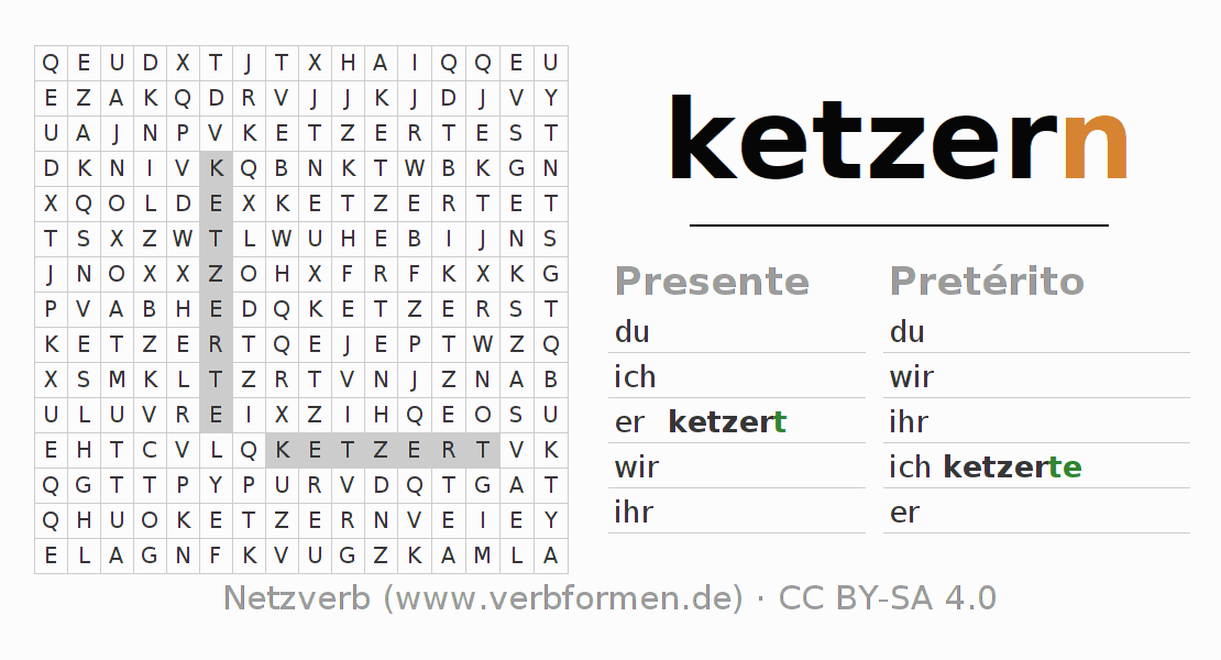 Caça-palavras com a conjugação do verbo ketzern