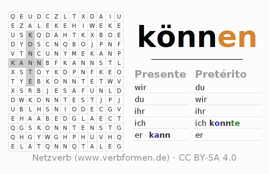 Caça-palavras com a conjugação do verbo können