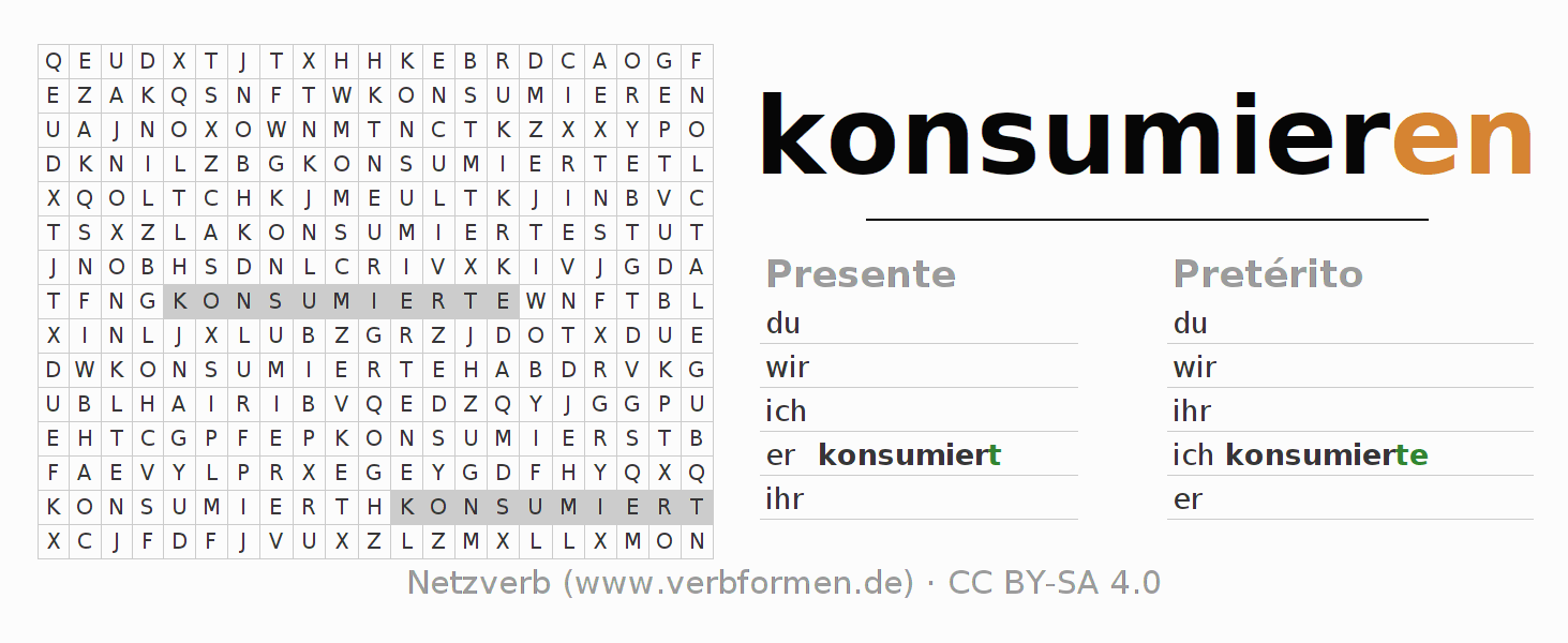 Caça-palavras com a conjugação do verbo konsumieren