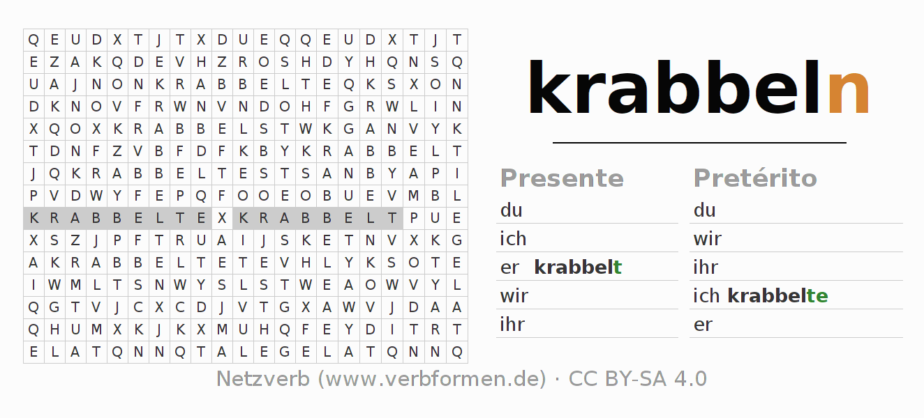 Caça-palavras com a conjugação do verbo krabbeln (hat)