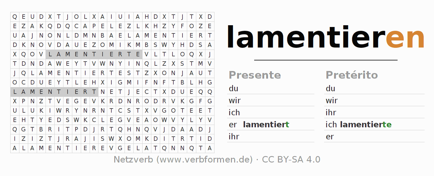 Caça-palavras com a conjugação do verbo lamentieren