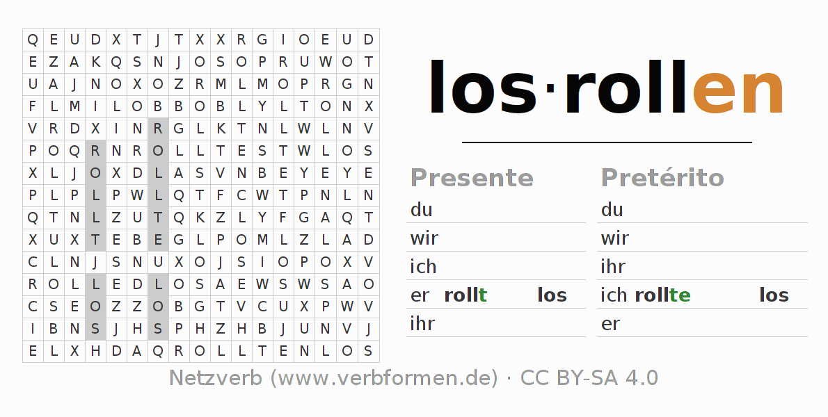 Caça-palavras com a conjugação do verbo losrollen (hat)