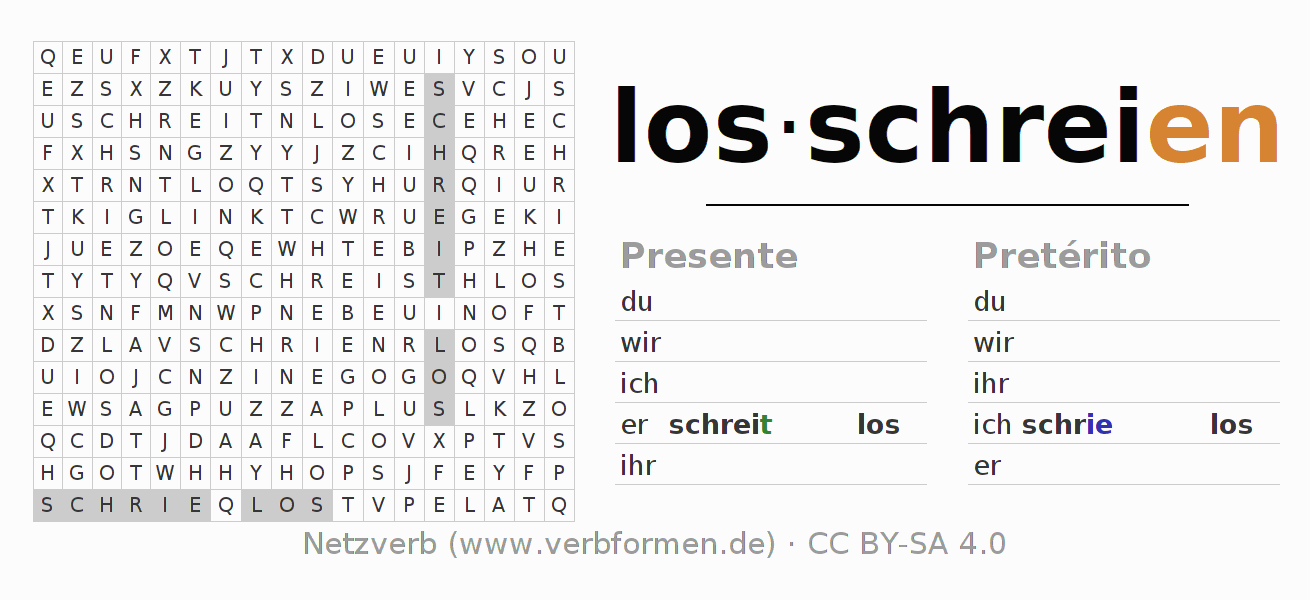 Caça-palavras com a conjugação do verbo losschreien