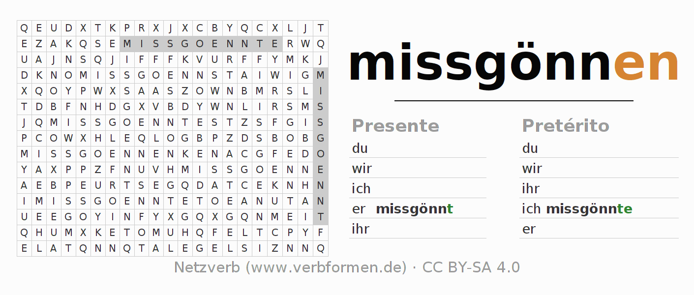 Caça-palavras com a conjugação do verbo missgönnen