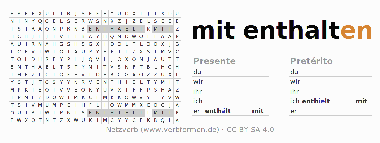 Caça-palavras com a conjugação do verbo mitenthalten