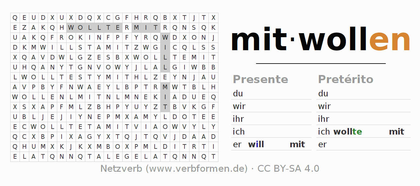 Caça-palavras com a conjugação do verbo mitwollen