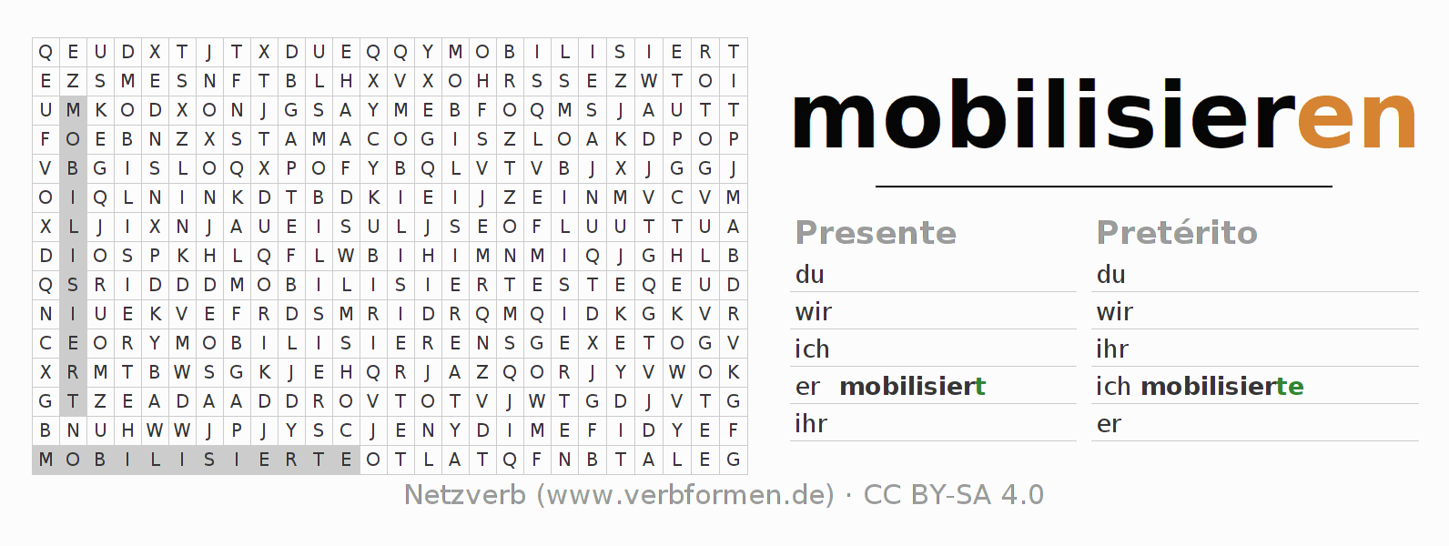 Caça-palavras com a conjugação do verbo mobilisieren