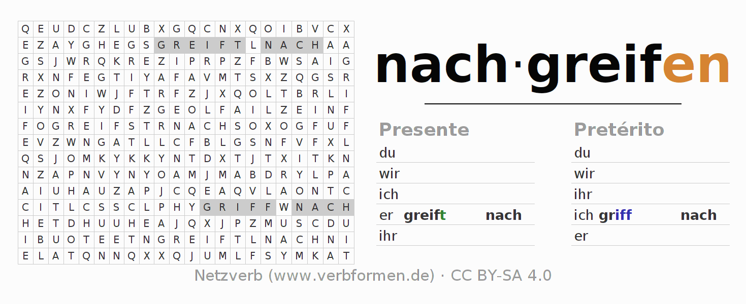 Caça-palavras com a conjugação do verbo nachgreifen