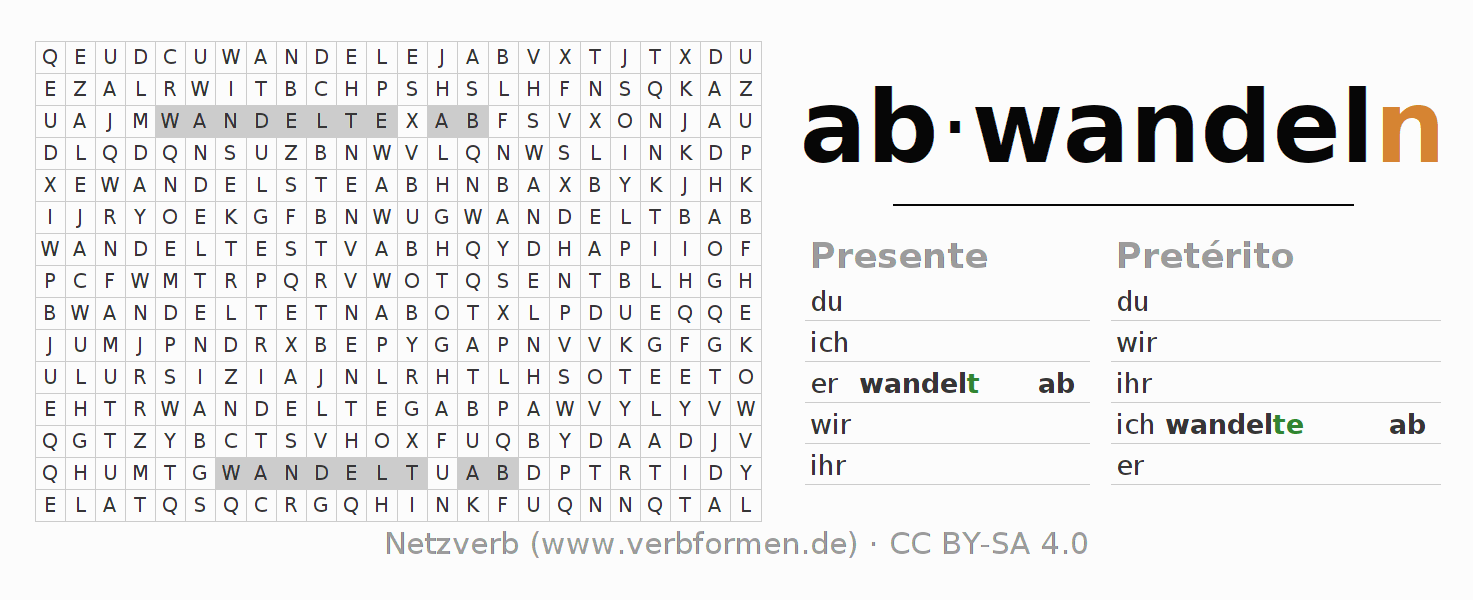 Caça-palavras com a conjugação do verbo abwandeln